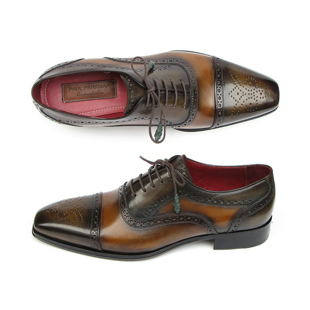 Paul Parkman Men's Wingtip Oxfords Bordeaux & Camel Handmade Shoes